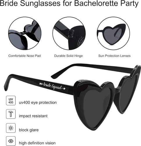 Vista 4 de PartyGifts&beyond Gafas de sol de despedida de soltera con forma de corazón, paquete de 10 lentes de sol para despedida de soltera Negro