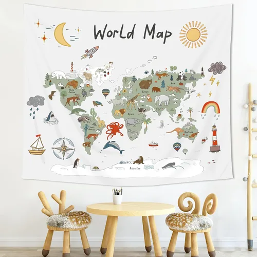 Vista 6 de Imirell Tapiz de mapa del mundo para niños, 59 pulgadas de ancho x 51 pulgadas de alto, lindo animal de dibujos animados, herramienta de aprendizaje