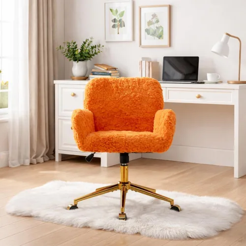 Vista 8 de Silla de tocador de piel sintética, silla de escritorio giratoria ajustable con ruedas y base dorada, cómoda silla ancha de maquillaje mullida
