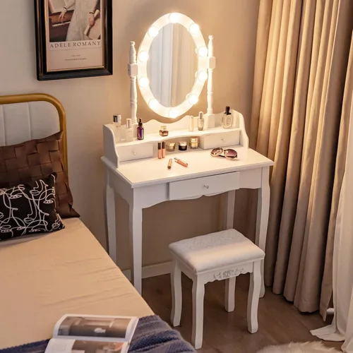 Vista 11 de CHARMAID Tocador de maquillaje con 10 luces LED, 4 cajones, estante de almacenamiento, perilla en forma de rosa, tocador de maquillaje