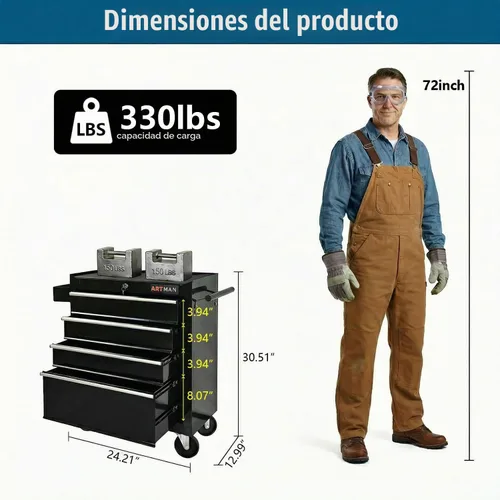 Vista 2 de Caja de herramientas con ruedas con 4 cajones, carrito de herramientas multifuncional, almacenamiento de herramientas, organizador de herramientas