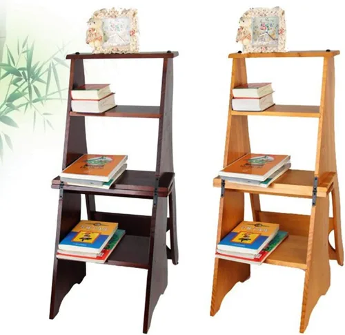 Vista 6 de Silla plegable de madera para biblioteca, taburete multifuncional 2 en 1, ligero, portátil, multifuncional, taburete de 4 escalones de doble Nogal