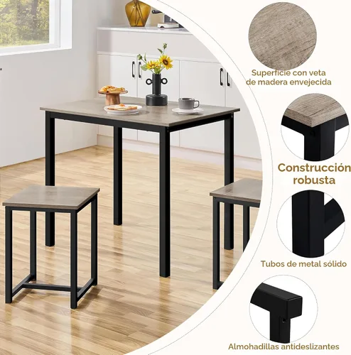 Vista 5 de Yaheetech Juego de mesa de comedor de 3 piezas - Juego de mesa y sillas para cocina para 2 - Mesa compacta con 2 taburetes y diseño que ahorra Gris