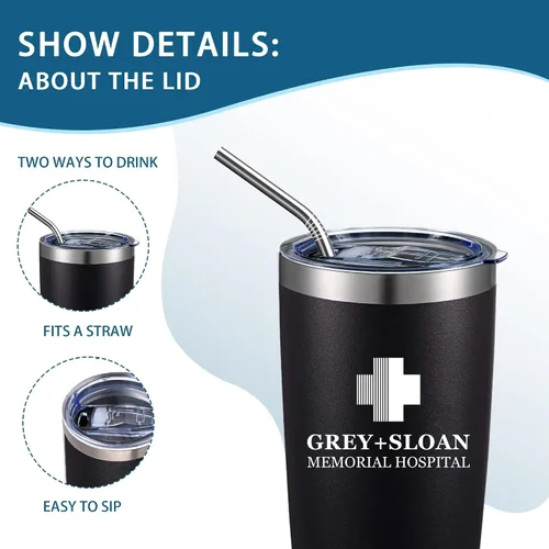 Vista 4 de Greys Grays Anatomy Merchandising, mercancía de programa de televisión, vaso de café helado de acero inoxidable aislado de 20 onzas con tapa, popote