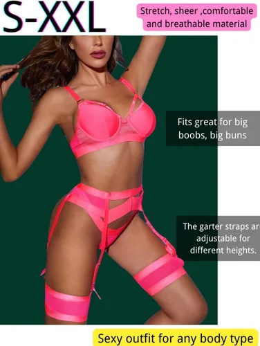 Vista 55 de Kaei&Shi - Lencería con liguero para mujer, conjunto de encaje traslúcido y sexy de 4 piezas combinadas