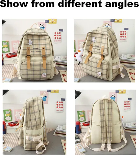 Vista 5 de Hopecn Juego de 5 mochilas kawaii a cuadros para mujer, bonita bolsa estética verde salvia, mochila escolar para mayores de 6 años.