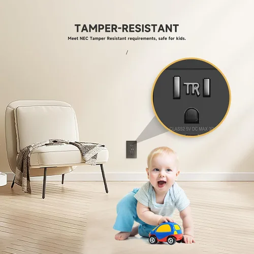 Vista 5 de Toma USB, enchufe de receptáculo TR de 15 amperios con cargador de pared USB C, toma de corriente de carga de 30W y 6.0A con 3 puertos, toma Negro