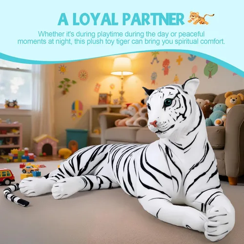Vista 6 de Peluche de tigre gigante realista, almohada de felpa realista de tigre de 43 pulgadas con forma de apoyo, juguete suave de tigre grande para niños