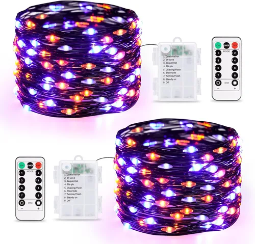 Vista 13 de JMEXSUSS Paquete de 2 Luces de Hadas Verdes a Batería, Total 200 LED 66 pies Luces de Cadena Parpadeantes con Control Remoto, 8 Modos de Luces