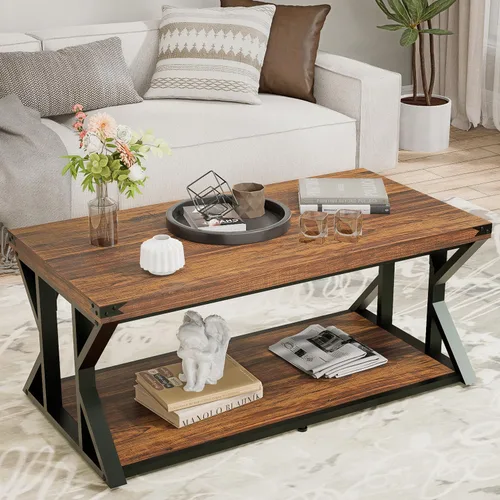 Vista 7 de Mesa auxiliar industrial de 43 pulgadas, mesa central rectangular de 2 niveles con estante de almacenamiento, mesa de cóctel de madera y metal
