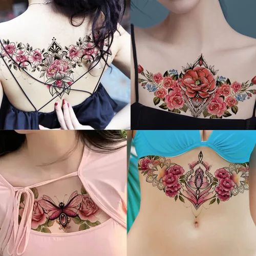 Vista 2 de Glaryyears Tatuaje temporal debajo del pecho para mujer, paquete de 10 tatuajes realistas florales grandes, calcomanías creativas de larga duración