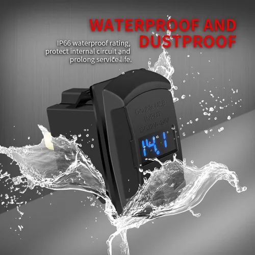 Vista 5 de DaierTek Interruptor de palanca USB marino 12V con 2 puertos de carga 4.2A, impermeable, con salida de enchufe y voltímetro digital LED azul