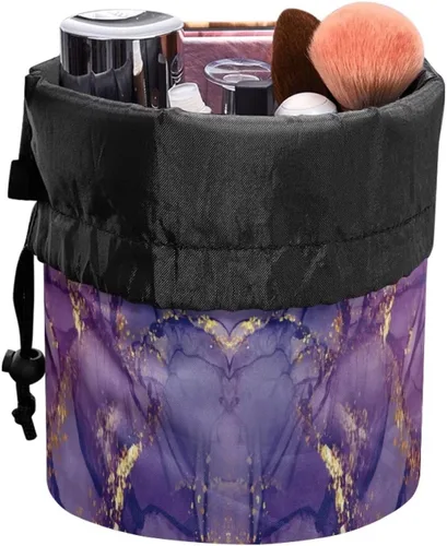 Vista 2 de COEQINE Bolsas de maquillaje con cordón, bolsas de gran capacidad para mujeres, bolsas de aseo femeninas para viajes y trabajo, Púrpura