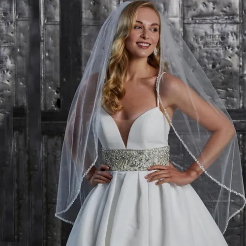 Vista 5 de Wedding Bride Veil 1 Tier Fingertip Length Pearls Crystal Beaded Edge Tulle for Bridal Veils with Comb