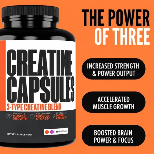 Vista 2 de Cápsulas de creatina, 5g Premium 3X ThreeAtine Pre Workout, Ganador de masa muscular a granel, Creatina monohidrato de alta absorción fácil