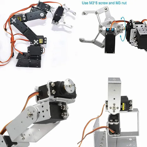 Vista 2 de ROT3U 6DOF brazo de robot de aluminio mecánico experto plateado, garra robótica abrazadera de Arduino