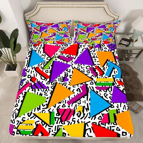 Vista 2 de Erosebridal Juego de sábanas de estilo retro de los años 80, tamaño individual, diseño geométrico abstracto, diseño moderno urbano con círculos