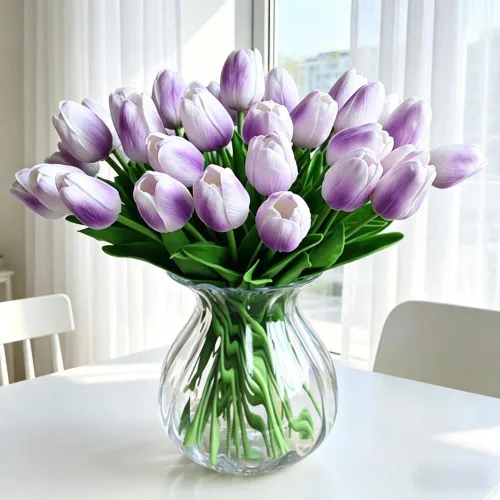 Vista 11 de Tulipanes artificiales de 12 piezas, de tacto real, tulipanes falsos de poliuretano, arreglo floral en ramo para decoración de fiesta en el hogar