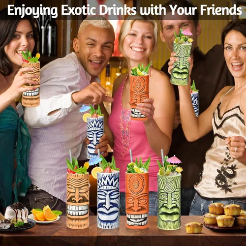Vista 6 de Tiki Mugs - Juego de 4 tazas de cóctel de cristal Tiki de cerámica, vasos de cóctel únicos, taza hawaiana profesional de bar y Halloween fiesta