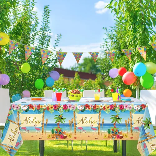 Vista 5 de Manteles hawaianos Luau de plástico hawaiano con flamenco hawaiano, Aloha Luau, para fiesta, Aloha y hojas de palmera tropicales, mantel de flamenco