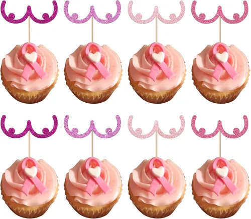 Vista 10 de Rsstarxi Paquete de 24 adornos para cupcakes con purpurina para concientización sobre el cáncer de mama, cinta rosa con purpurina para lucha contra