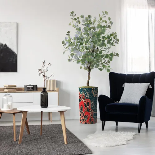 Vista 10 de Árbol artificial en macetero moderno con patrón de mandala, palmera tropical areca artificial de seda para decoración del hogar en interiores