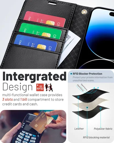 Vista 3 de OCASE Funda tipo cartera compatible con iPhone 15 Plus, de piel sintética, con tarjetero, bloqueo RFID, soporte para teléfono
