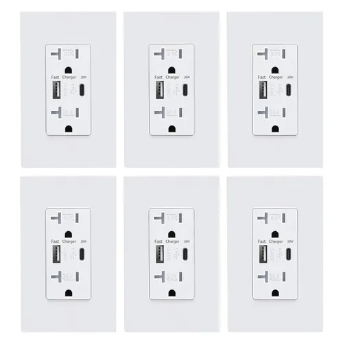 Vista 11 de 3GRACE Toma de corriente USB de pared, receptáculos de tomas de cargador con puertos USB C de 4.2 A, enchufe dúplex de 20 amperios resistente a