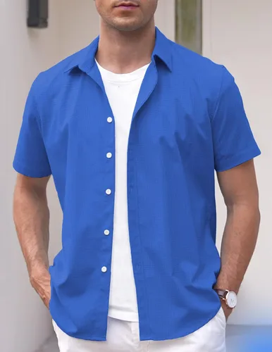 Vista 2 de COOFANDY Camisa casual de lino de manga corta con botones para hombre