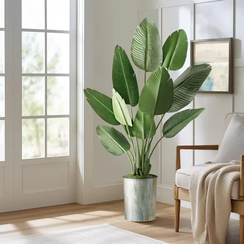 Vista 22 de SIGNWIN - Árbol artificial en moderna maceta con efecto de granito, ave del paraíso artificial de seda para decoración del hogar en interiores