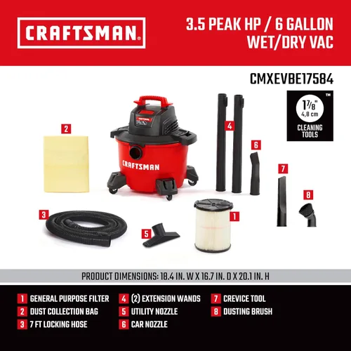 Vista 3 de CRAFTSMAN CMXEVBE17584 Aspiradora húmeda y seca de 6 galones, 3.5 pico de HP, aspiradora portátil para tienda húmeda y seca con filtro, bolsa
