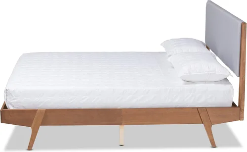 Vista 4 de Baxton Studio Senna Mid-Century - Cama de plataforma tapizada de tela gris moderna y acabado marrón nogal, tamaño King