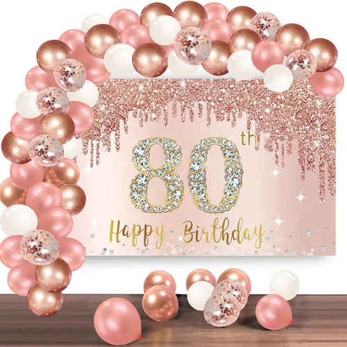 Vista 7 de Cartel de feliz cumpleaños 13 con arco de guirnalda de globos de confeti, juego de globos de oro rosa para niñas, póster de cumpleaños rosa de 13