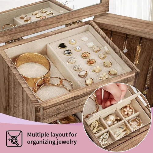 Vista 5 de Yoimori - Joyero para mujer, cajas de joyería y organizadores de madera rústica con espejo y cajones, organizador de joyería de 6 niveles