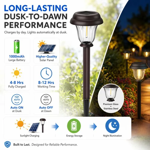 Vista 6 de DERAYSION Solar Lights Outdoor, 6 Pack Brushed Stainless Steel Glass Solar Pathway Lights, Auto On/Off Long-Lasting Outdoor Solar Lights for Garden