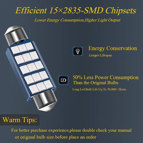Vista 4 de Pack-2 focos LED extremadamente brillantes 578, 400 lm, 6500 K, chipsets 2835, 41 mm 42 mm (azul) para luces LED interiores de cúpula, mapa, puerta