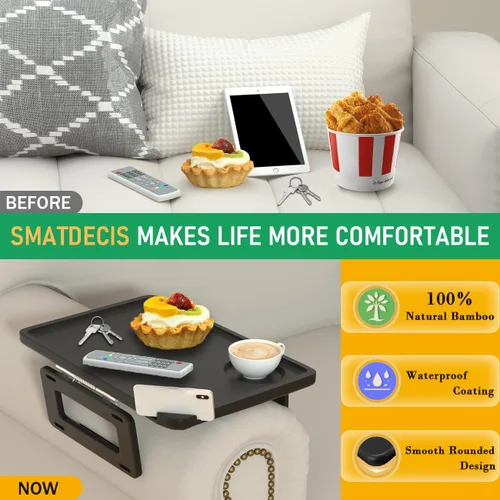 Vista 4 de Smatdecis Bandeja de brazo para sofá, mesa de clip para brazos, mesa de bandeja para reposabrazos adecuada para bebidas caseras, comida rápida, Negro