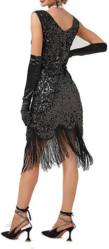 Vista 4 de Vestido sexy de fiesta de Nochevieja, vestido de lentejuelas de color sólido con flecos, vestido de lentejuelas para mujer
