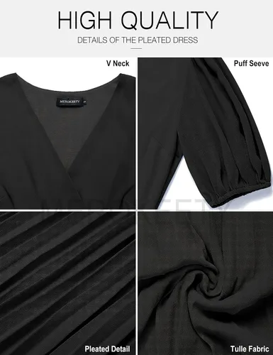 Vista 5 de MEROKEETY Vestido midi plisado con cuello en V y mangas abullonadas para mujer, para invitadas de boda