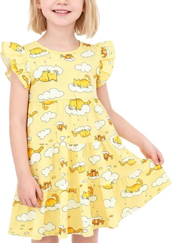 Vista 20 de Vestido casual para niñas, de algodón suave, manga corta, transpirable, acampanado, para adolescentes, talla 2T, 3T, 4T, 5, 6, 7, 8, 9, 10, 12, 13