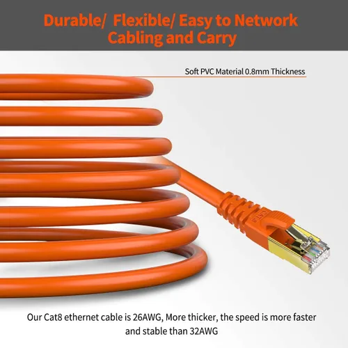 Vista 6 de Cable Ethernet CAT 8 blindado SFTP para red de Internet, cables LAN de alta velocidad resistentes con conector RJ45 chapado en oro, profesional