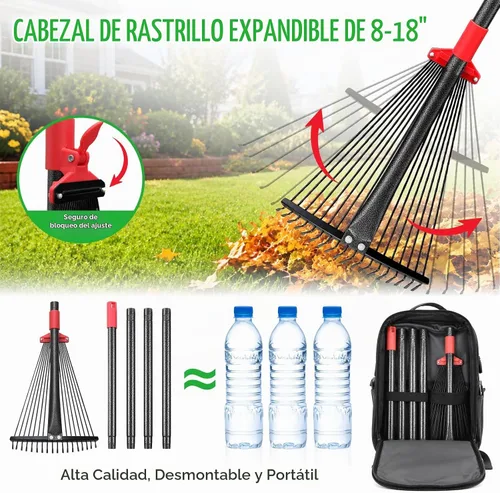 Vista 4 de Rastrillo de 61 pulgadas para hojas, 18 dientes ajustables con cabeza expandible, rastrillo de césped de 9 a 18 pulgadas, rastrillos de metal