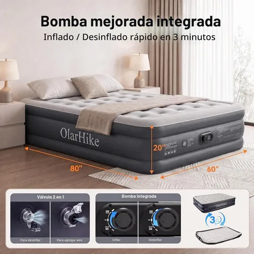 Vista 5 de OlarHike Colchón de aire Queen bomba incorporada, colchón inflable de 20 Comfort Height 20" Gris