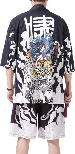Vista 6 de PRIJOUHE Conjunto de kimono de estilo japonés para hombre, ligero, casual, con siete mangas, frente abierto, cárdigan y pantalones cortos