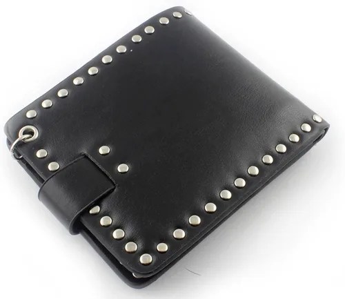 Vista 5 de Cartera de cuero con tachuelas punk de calavera para hombre con llavero largo de jeans, Negro