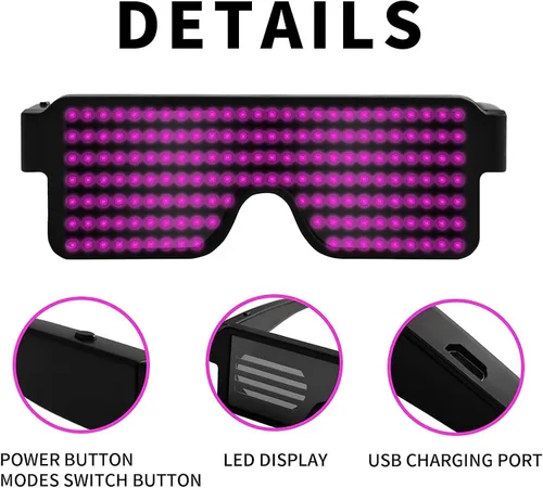 Vista 19 de Gafas LED dinámicas que brillan con luz LED recargable por USB, con luz intermitente de neón, 11 patrones, gafas luminosas