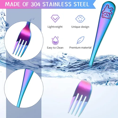 Vista 3 de Minatee Juego de cubiertos de 6 tenedores de arco iris para niños pequeños, cubiertos pequeños de grado alimenticio, cubiertos de acero inoxidable