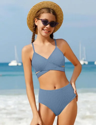 Vista 3 de Conjunto de bikini para niñas, traje de baño de dos piezas, traje de baño cruzado para niñas