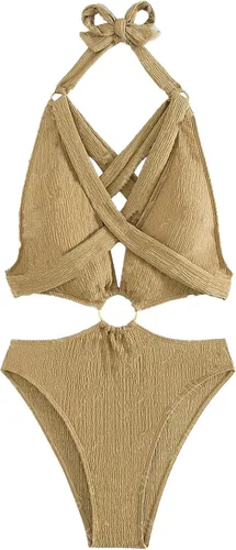 Vista 3 de Nenadeer Traje de baño de una pieza con escote halter cruzado y ribete enlazado con anillo, traje de baño con cordones en la espalda