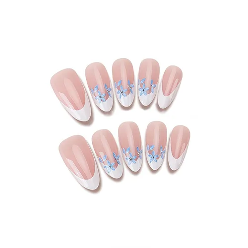 Vista 3 de Nude French Tip Acrylic Medium Almond Press on Nails Flower Fake Nails LHD-Almond-006-03